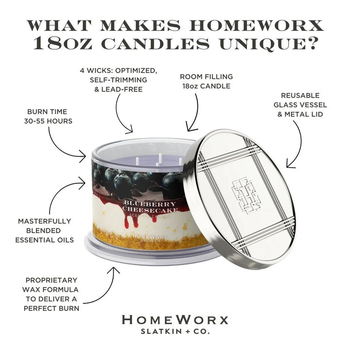 HomeWorx by Slatkin Co blueberry cheesecake scented candle in reusable glass vessel with metal lid