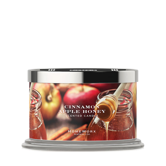 HomeWorx by Slatkin & Co. Cinnamon Apple Honey scented candle with textured glass jar and metallic lid