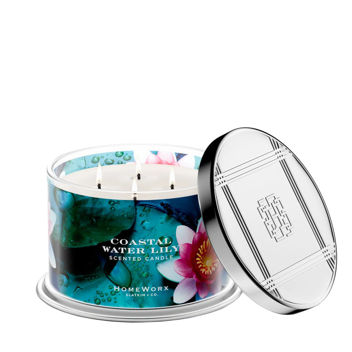 HomeWorx by Slatkin & Co. coastal water lily scented candle with three wicks and floral design label