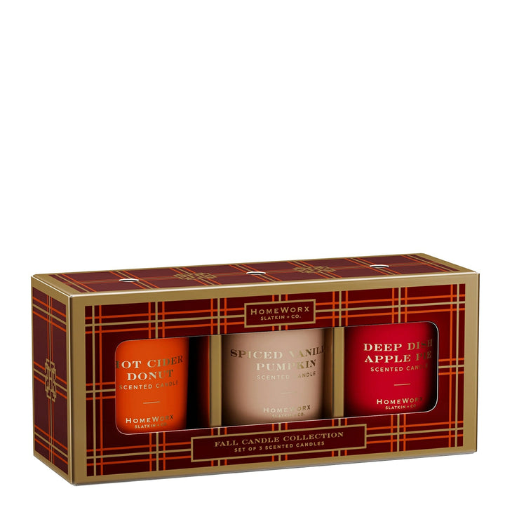 HomeWorx by Slatkin & Co fall scented candle gift set with Hot Cider Donut Spiced Vanilla Pumpkin and Deep Dish Apple Pie scents
