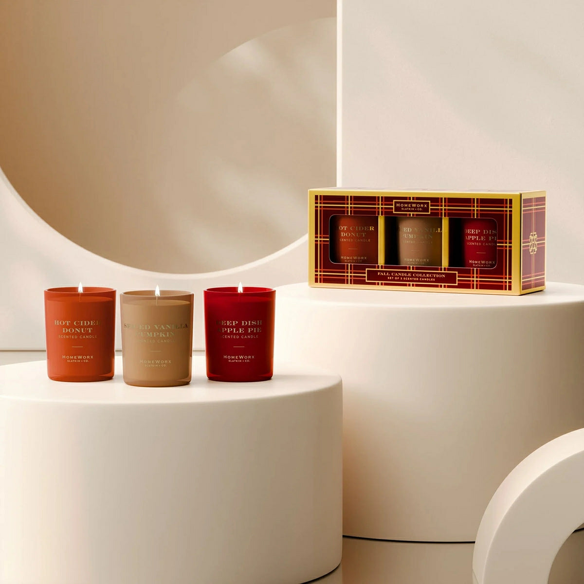 HomeWorx by Slatkin & Co fall scented candle gift set with Boy Cider Donut Pumpkin and Deep Dish Apple Pie candles