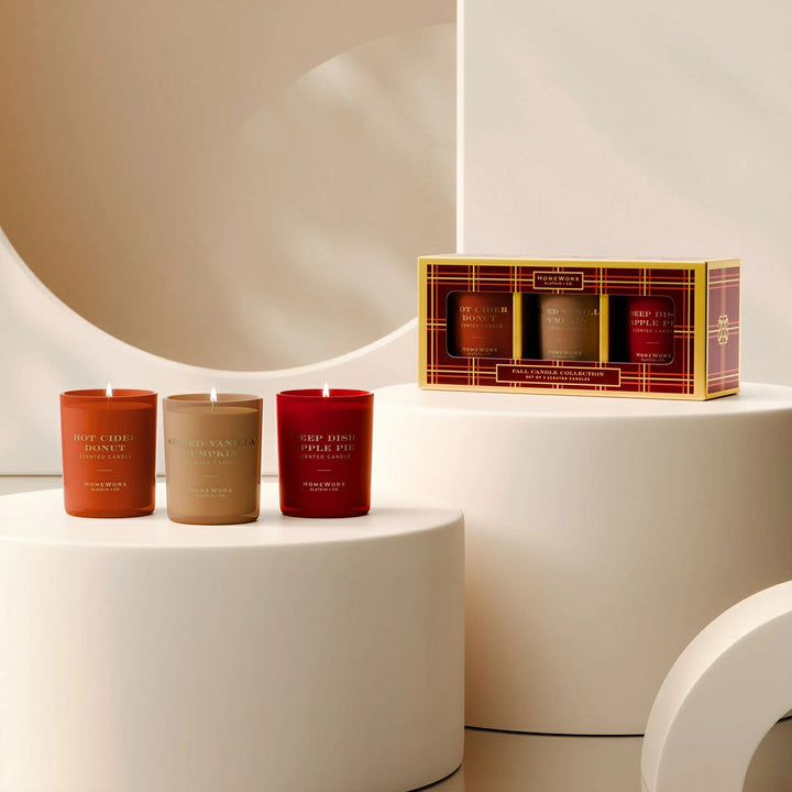 HomeWorx by Slatkin & Co fall scented candle gift set with Boy Cider Donut Pumpkin and Deep Dish Apple Pie candles