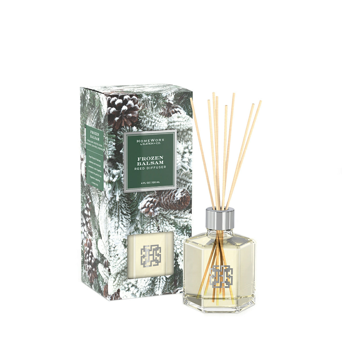 HomeWorx by Slatkin Frozen Balsam reed diffuser with pine cone design box and natural wooden sticks