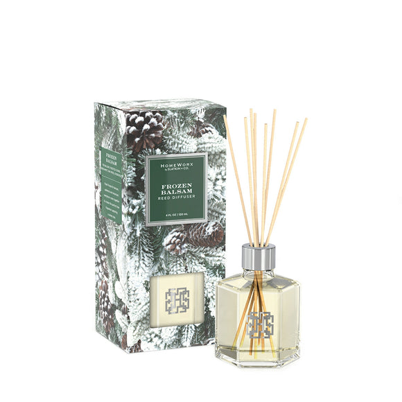 HomeWorx by Slatkin Frozen Balsam reed diffuser with pine cone design box and natural wooden sticks