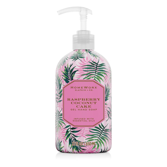 HomeWorx gel hand soap Raspberry Coconut Cake scent in 22 fl oz bottle with tropical leaf design