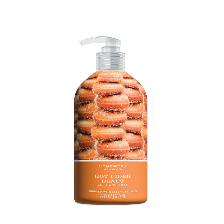 HomeWorx by Slatkin & Co. hot cider donut hand soap gel in a 22 fl oz pump bottle with donut design