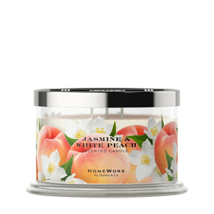 HomeWorx by Slatkin jasmine and white peach candle with floral and peach design in glass jar
