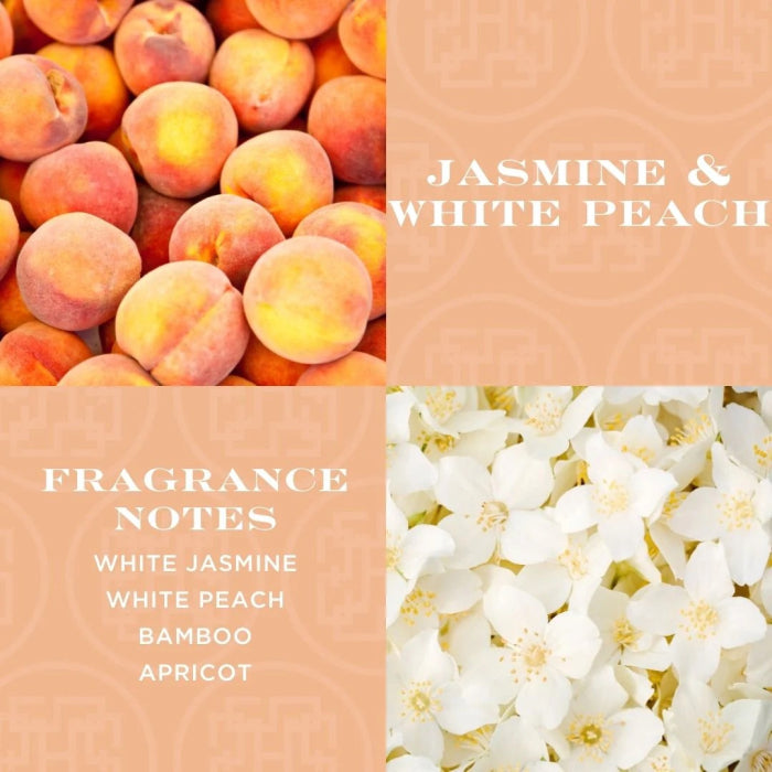 Jasmine and white peach candle with fresh peaches and white jasmine flowers highlighting fragrant notes