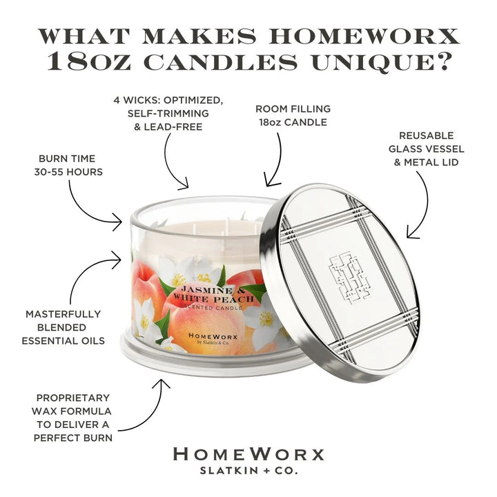 HomeWorx by Slatkin and Co jasmine and white peach candle in reusable glass vessel with metal lid