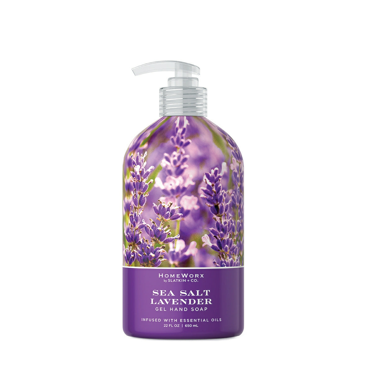 HomeWorx lavender gel hand soap Sea Salt Lavender scent in clear pump bottle with purple label