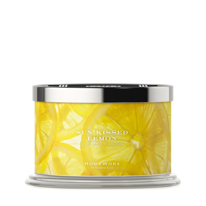 HomeWorx by Slatkin & Co. lemon scented candle with sun kissed lemon design and silver lid