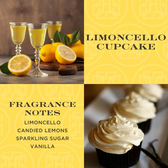 Limoncello cupcake reed diffuser with fresh lemons, limoncello liqueur glasses, and cupcake fragrance notes