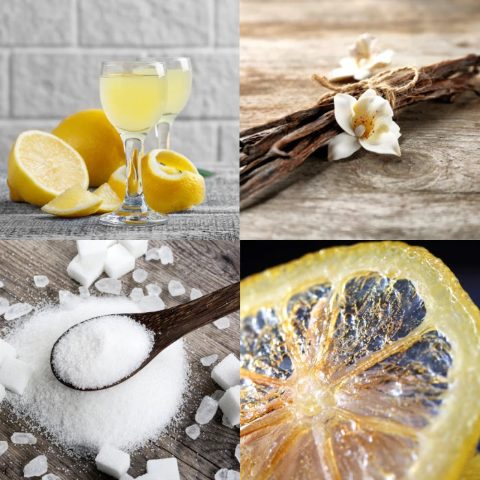 Limoncello Cupcake scented candle inspired ingredients with lemon, vanilla flower, sugar, and citrus slice collage