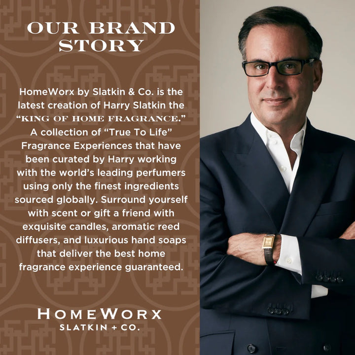 HomeWorx by Slatkin Co brand story with founder Harry Slatkin describing Namaste Woods scented candle and luxury home fragrances