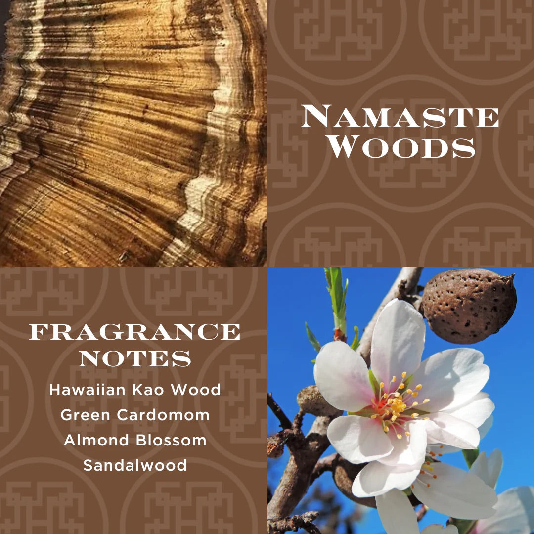 Namaste Woods scented candle fragrance notes including Hawaiian Kao Wood Green Cardamom Almond Blossom Sandalwood