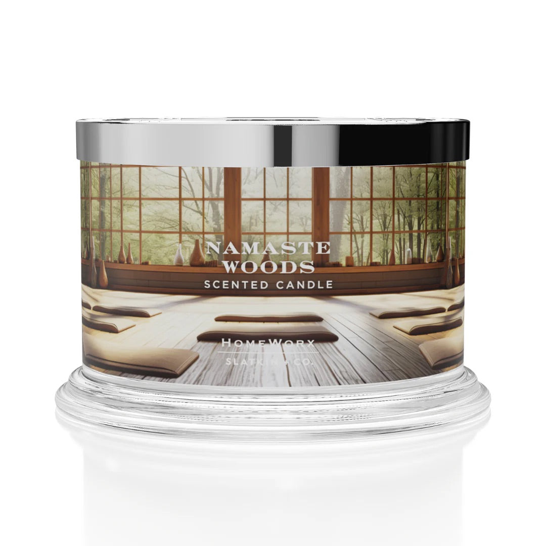 HomeWorx by Slatkin Namaste Woods scented candle with silver lid and yoga studio design label