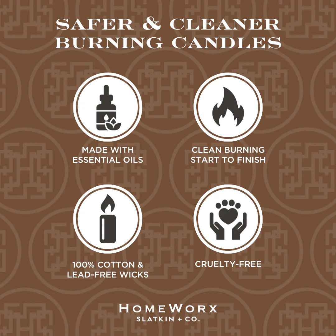 Safer and cleaner burning Namaste Woods scented candle by HomeWorx with essential oils and cruelty-free cotton wicks