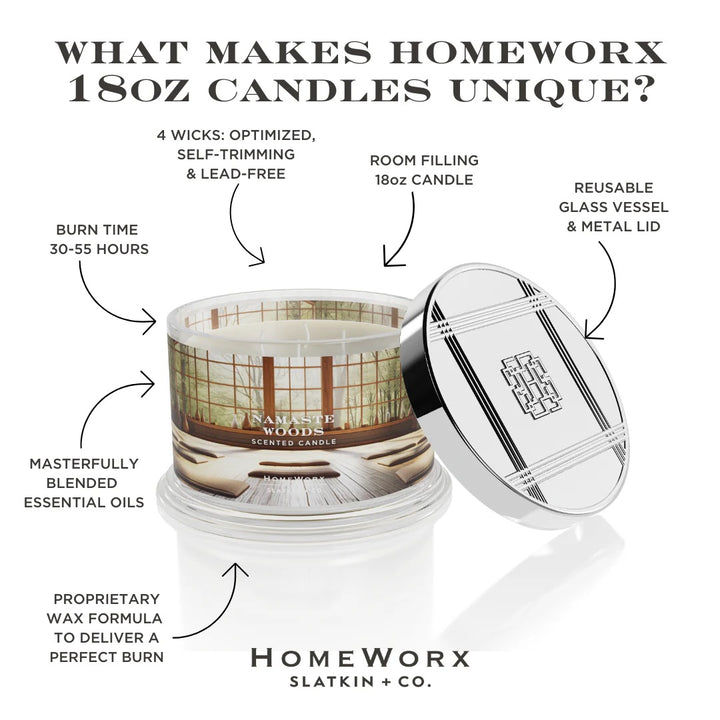 HomeWorx Namaste Woods scented candle 18oz in reusable glass vessel with four wicks and metal lid