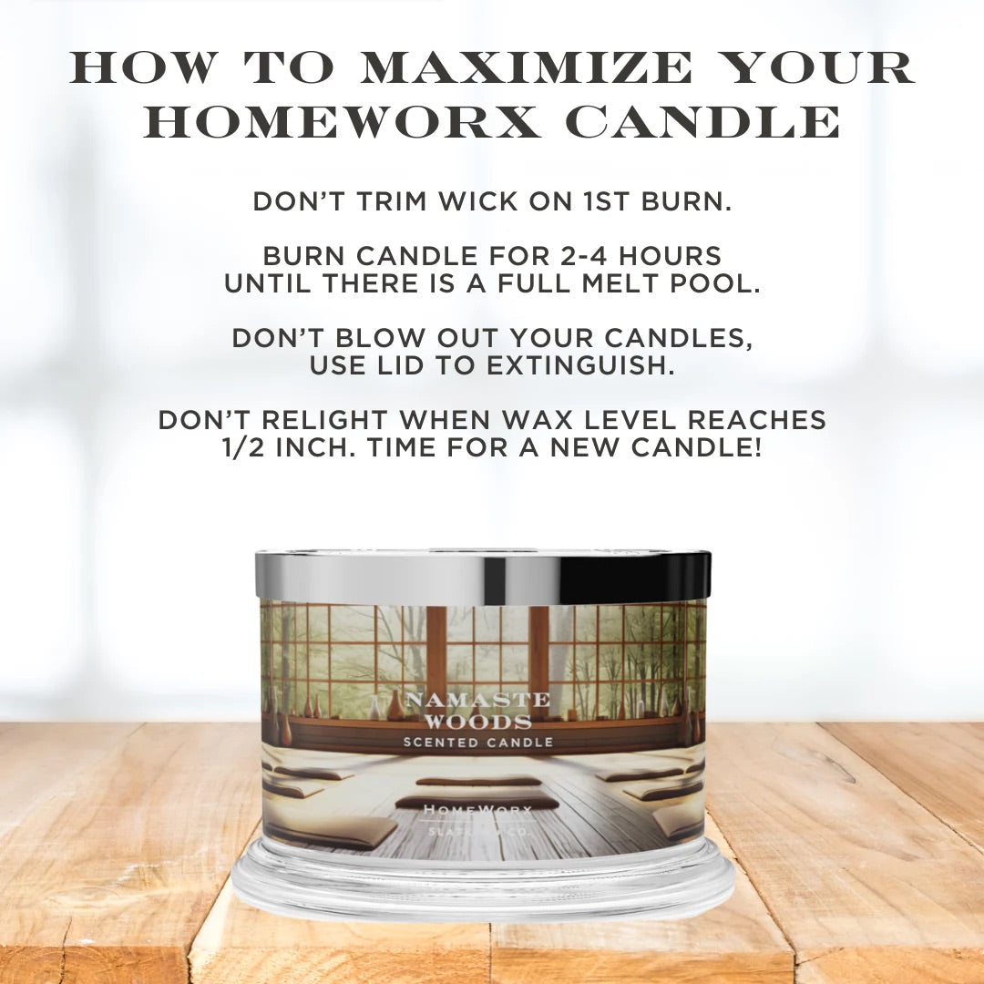 HomeWorx by Slatkin Namaste Woods scented candle with wood texture design and burn instructions