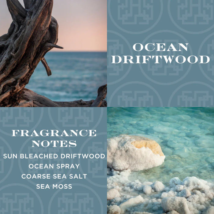 Ocean driftwood hand soap with scent notes of sun bleached driftwood, ocean spray, sea salt, and sea moss