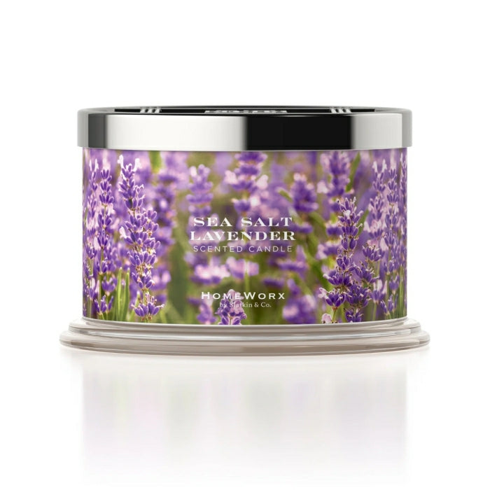 HomeWorx by Slatkin sea salt lavender candle with lavender field design and silver lid