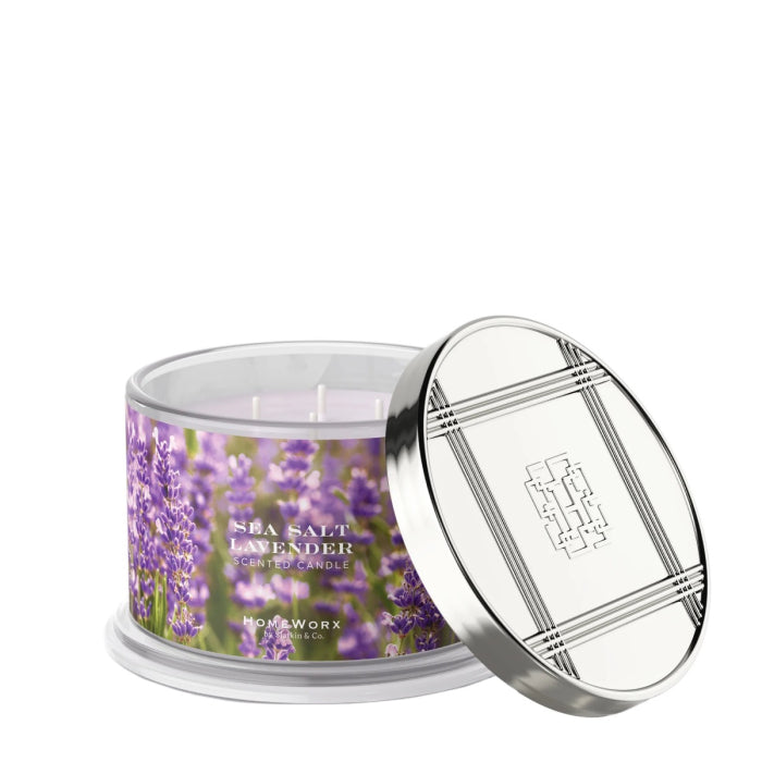 HomeWorx by Slatkin sea salt lavender candle in a glass jar with a silver lid and lavender flower design