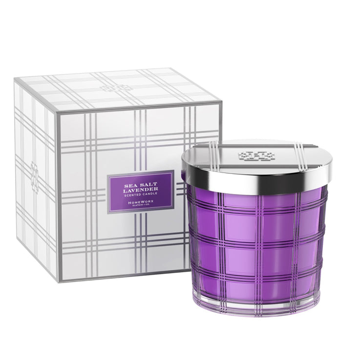 HomeWorx by Slatkin sea salt lavender candle in purple glass with silver lid and plaid patterned box