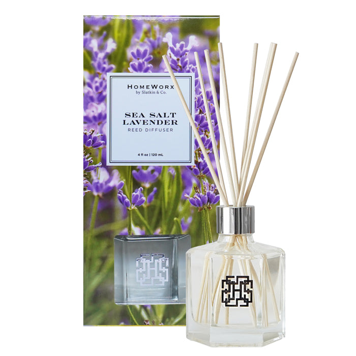 HomeWorx by Slatkin sea salt lavender reed diffuser with floral packaging and wooden reeds