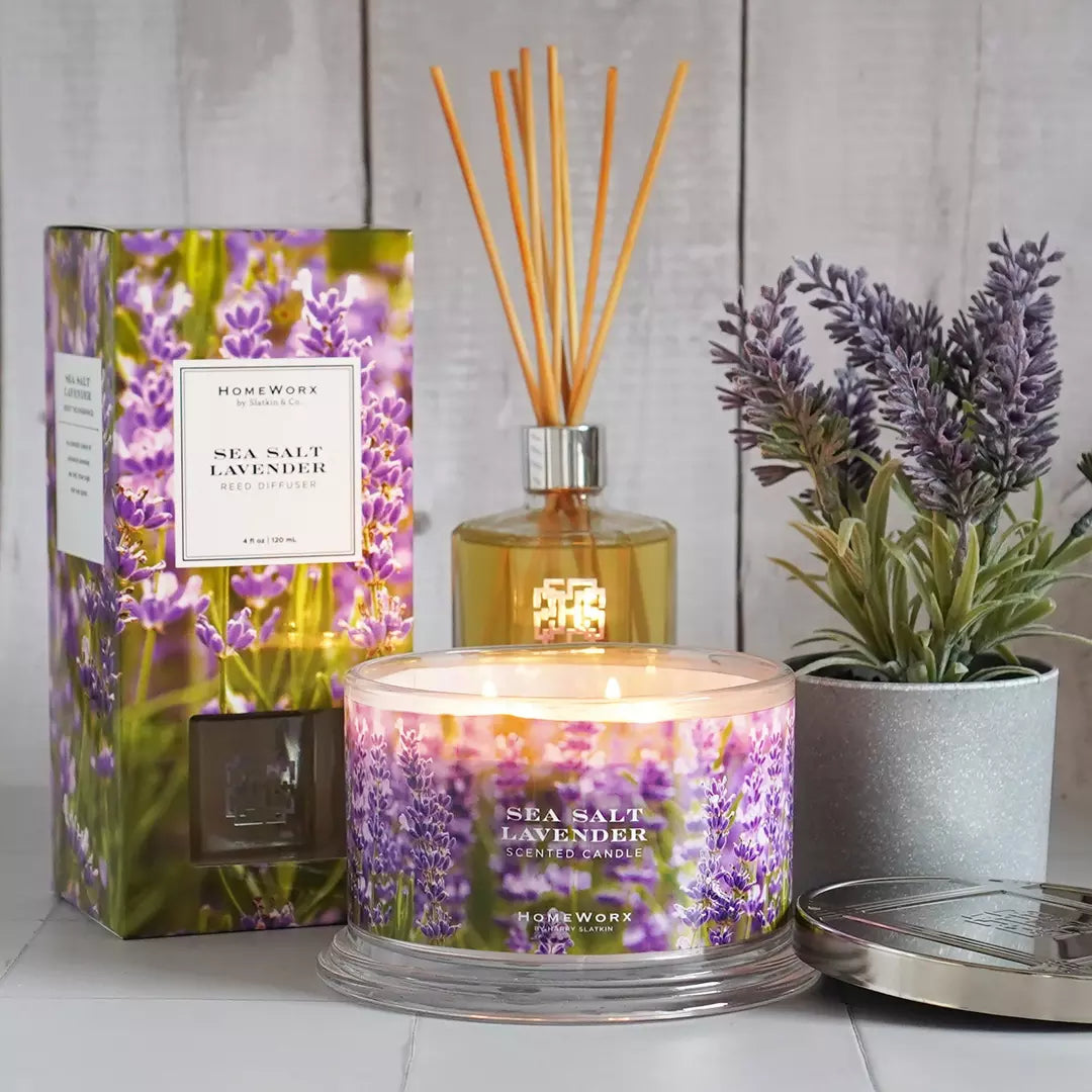 HomeWorx by Slatkin sea salt lavender reed diffuser with matching scented candle and lavender plant