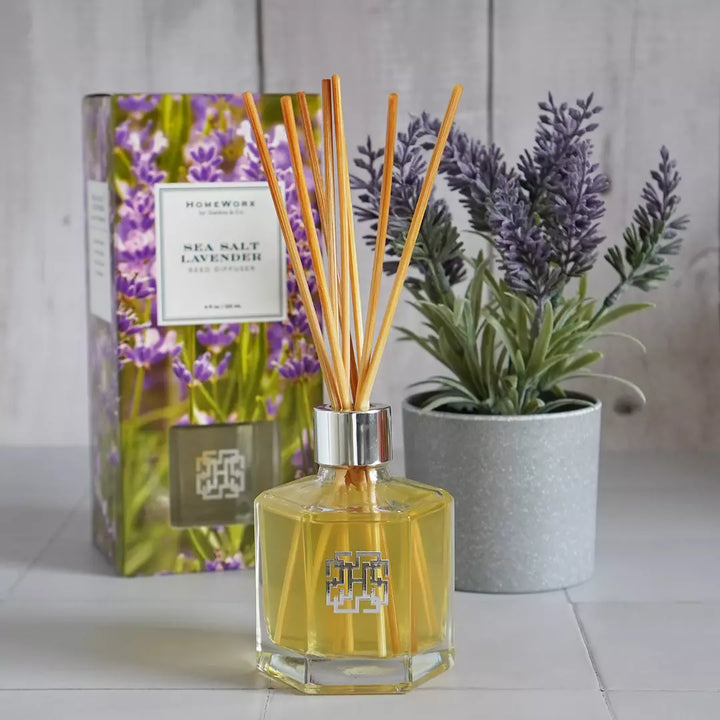 HomeWorx by Slatkin sea salt lavender reed diffuser with wooden sticks and floral packaging