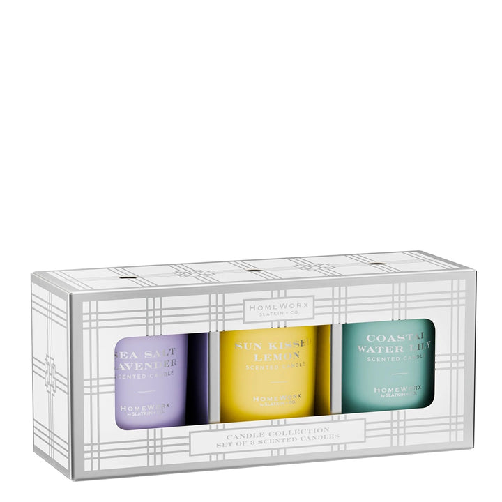 HomeWorx Signature Candle Gift Set with Sea Salt Lavender, Sun Kissed Lemon, and Coastal Water Lily scented candles