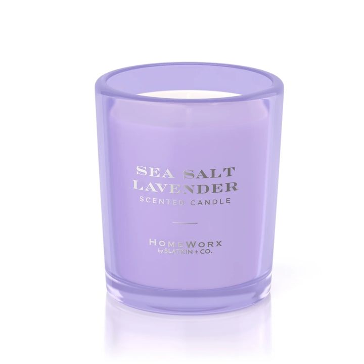 HomeWorx Signature Candle Gift Set Sea Salt Lavender scented candle in a purple glass container