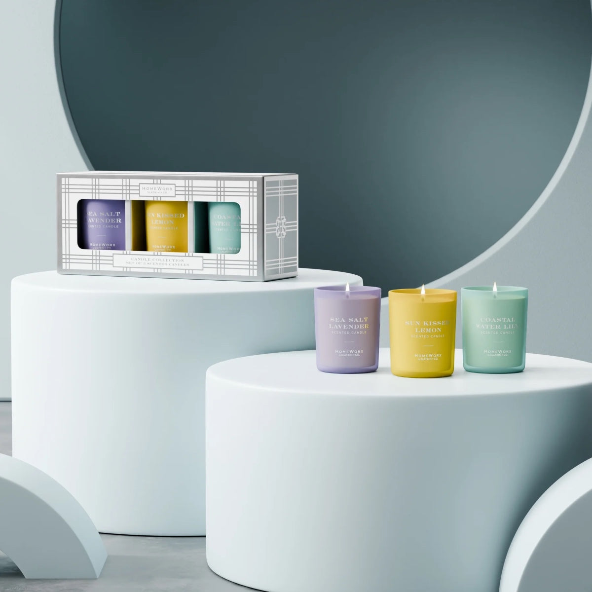 HomeWorx Signature Candle Gift Set with three scented candles in lavender, lemon, and ocean air colors