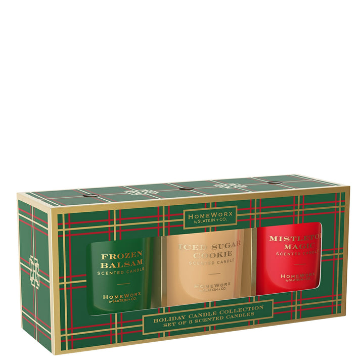 HomeWorx by Slatkin holiday candle gift set with Frozen Balsam, Iced Sugar Cookie, and Mistletoe Magic scents
