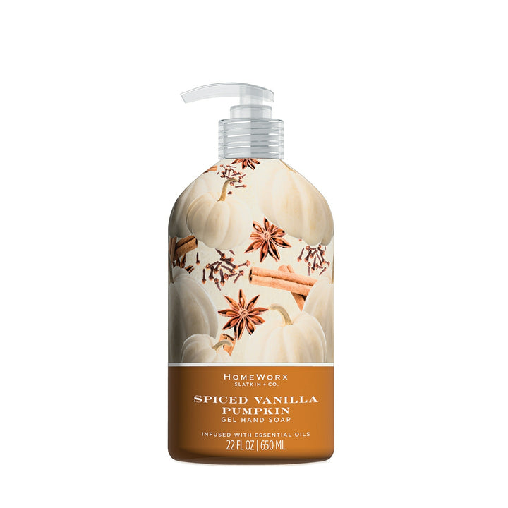 HomeWorx by Slatkin spiced vanilla pumpkin hand soap gel in 22 oz pump bottle with autumn spice design