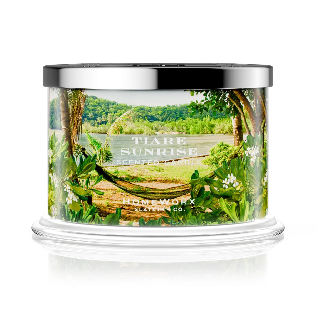 HomeWorx Tiare Sunrise candle with scenic tropical design and silver lid by Slatkin & Co