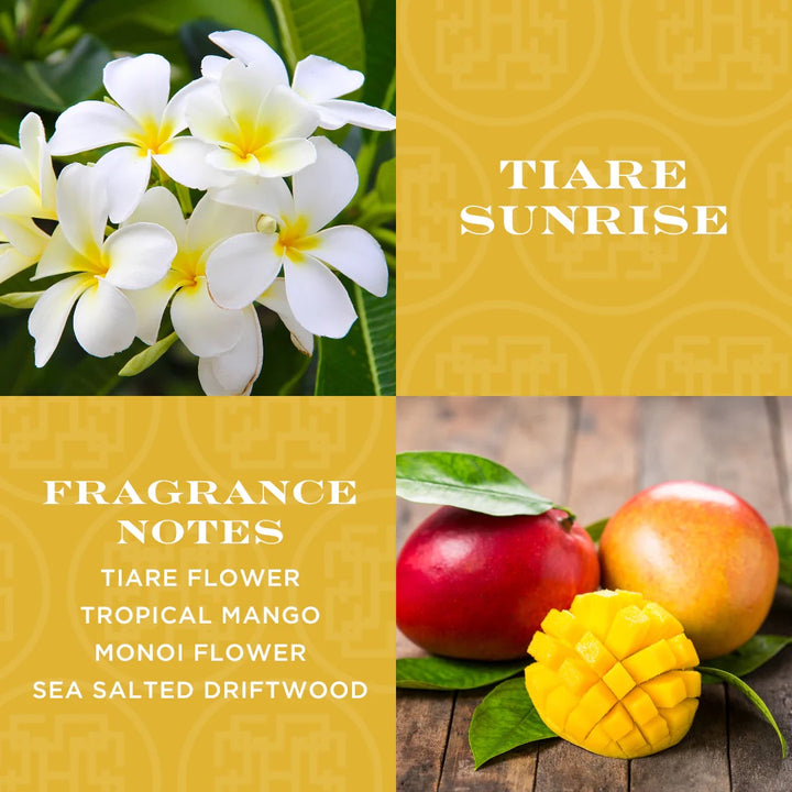 HomeWorx Tiare Sunrise candle with fragrance notes of tiare flower tropical mango monoi flower and sea salted driftwood