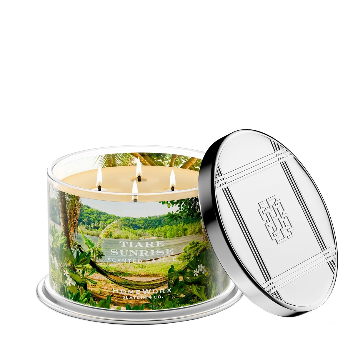 HomeWorx Tiare Sunrise candle with three wicks in a clear glass jar and decorative silver lid