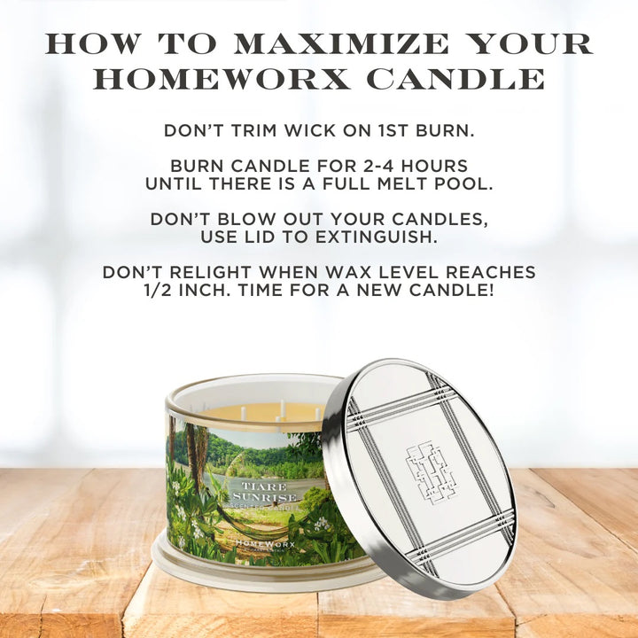 HomeWorx Tiare Sunrise candle in metal tin with lid on wooden surface with usage tips