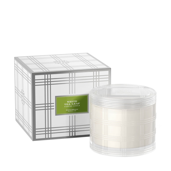 HomeWorx by Slatkin white tea leaf scented candle in clear glass with plaid design and matching box