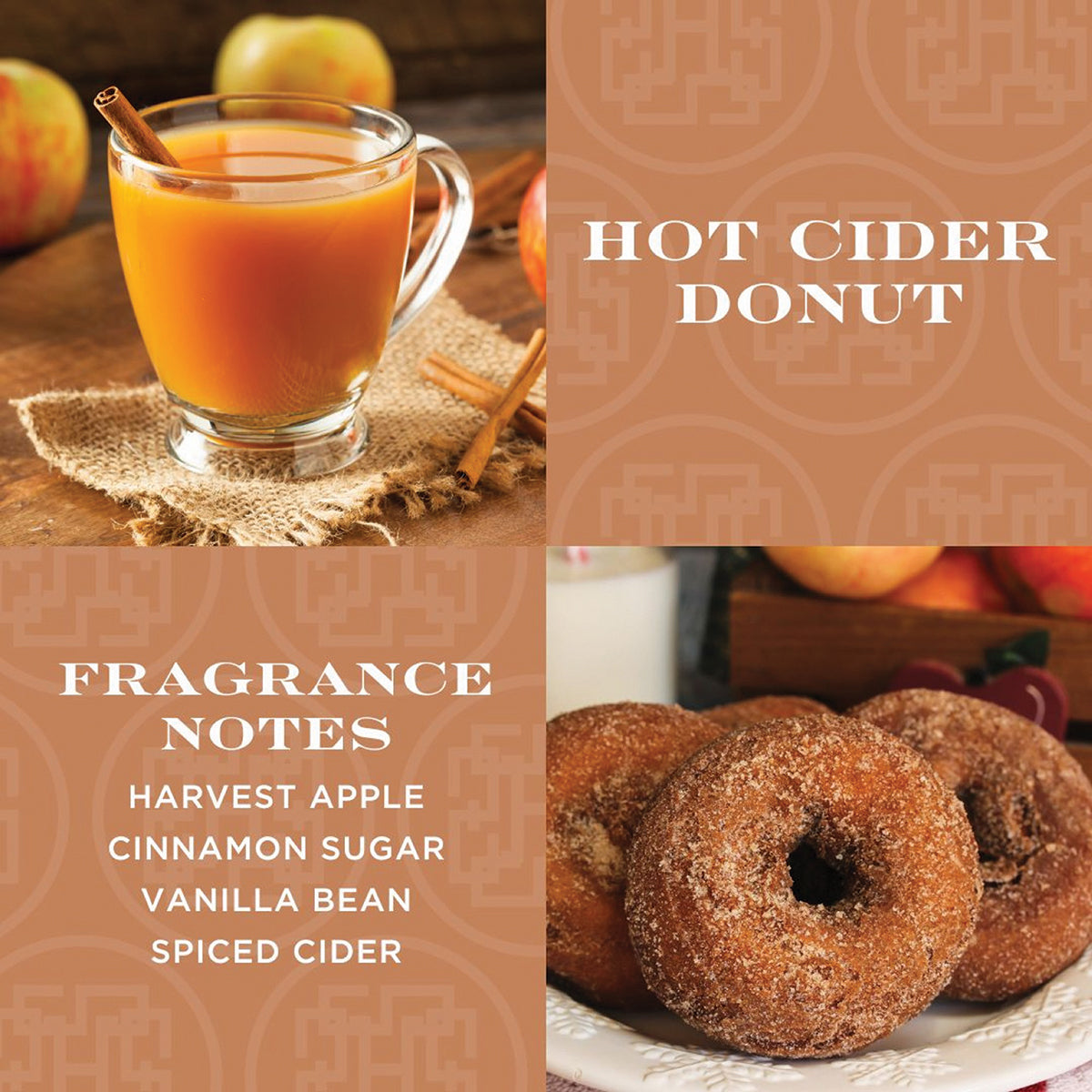 Hot cider donut scented candle with fragrance notes of harvest apple cinnamon sugar vanilla bean and spiced cider