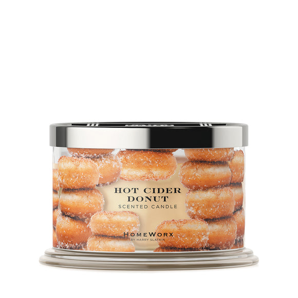HomeWorx by Slatkin hot cider donut scented candle with silver lid and donut design on glass jar