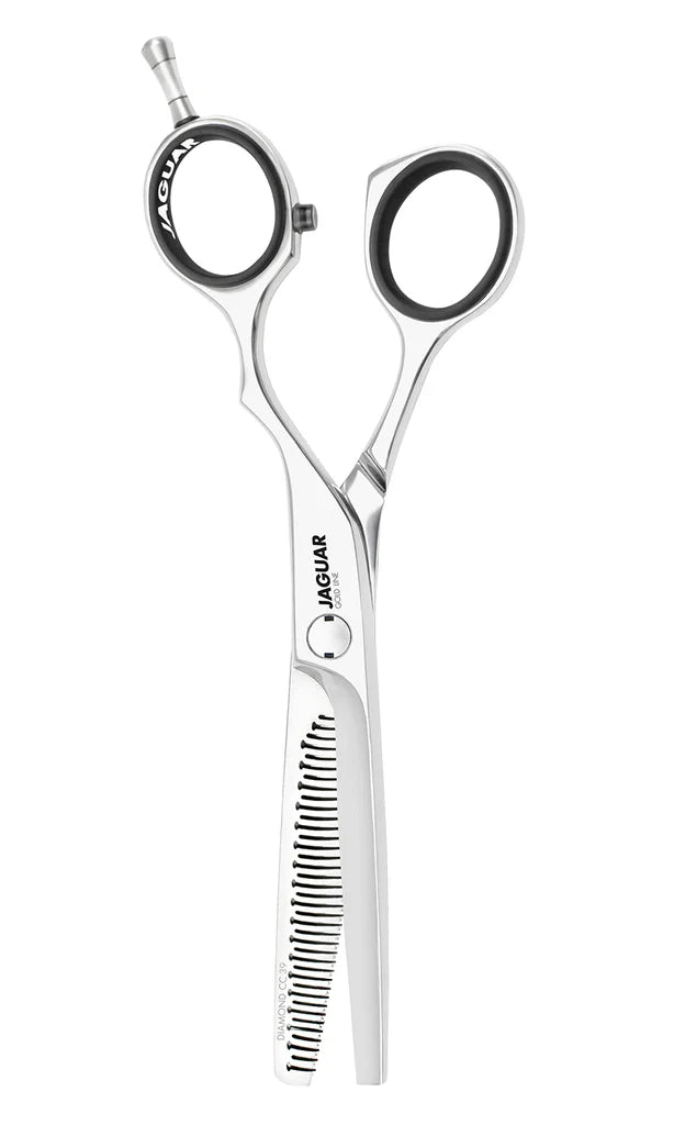 Jaguar Gold Line thinning shears stainless steel silver offset scissors with black finger inserts and tooth blade