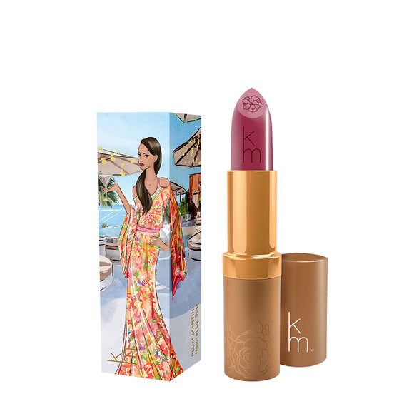 Karen Murrell natural lip tint mauve lipstick in gold tube with floral illustrated gift box and tropical art