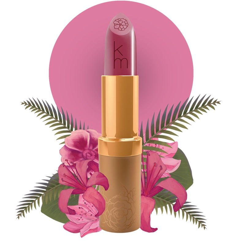 Karen Murrell natural lip tint mauve bullet in gold tube with embossed logo tropical pink flowers and leaves