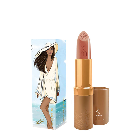 Karen Murrell natural lip tint nude lipstick with gold tube and illustrated beach woman packaging