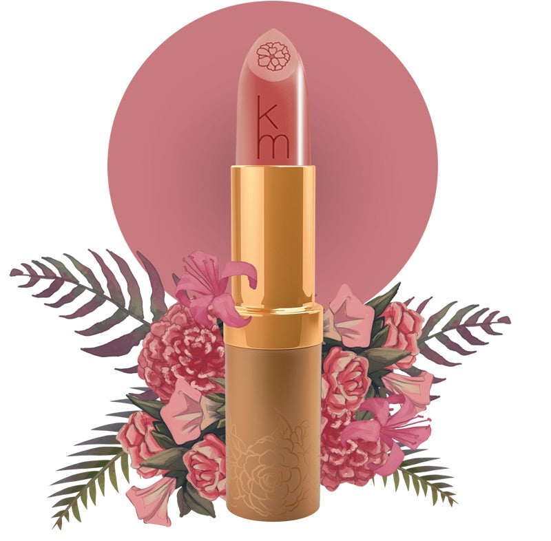 Karen Murrell natural lip tint pink nude lipstick in gold tube with floral engraving and backdrop
