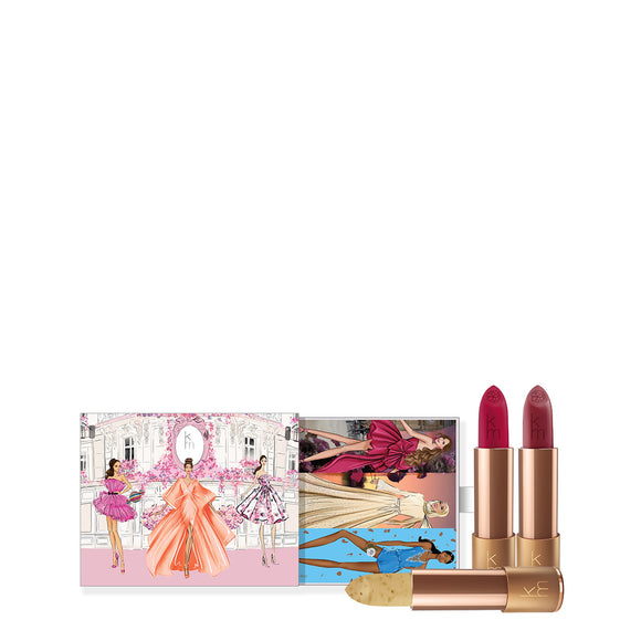 Karen Murrell natural lipstick set with decorative illustrated gift box and three pink and nude lipsticks