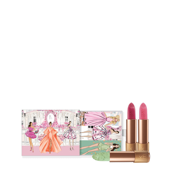 Karen Murrell natural lipstick set with two pink lipsticks in gold tubes and illustrated fashion gift box