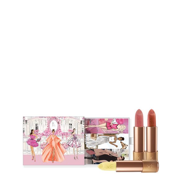 Karen Murrell natural lipstick set with illustrated pink fashion packaging and three rose gold lipsticks